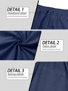 Detailansicht der dunkelblauen Leinenhose mit Kordelzug und atmungsaktiver Stoffstruktur