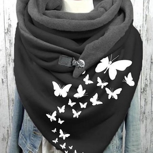 Women Winter Triangle Scarf Warm Polyester Fleece Lined Wrap With Metal Buckle Button Printed Patterns Shawl