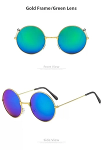 Front and side views of gold metal round sunglasses with reflective green mirror lenses