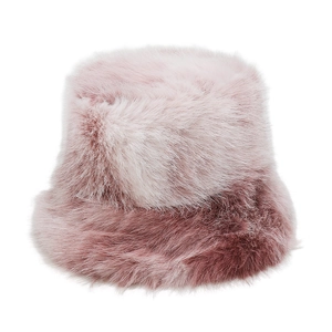 Detailed view of the soft faux mink fur texture on this pink gradient bucket hat