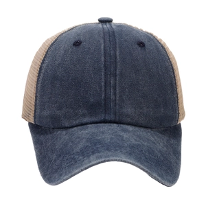Gorra de béisbol vintage de algodón lavado azul marino con malla beige transpirable