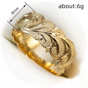 8mm vintage floral engraved gold band ring with Hawaiian wave pattern for men