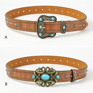 Vintage Western PU Leather Belt With Turquoise And Rivets Engraved Pin Buckle Retro Bohemian Punk Waist Belt For Women Men