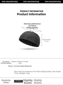 Size chart for men quilted docker cap showing 55-60cm circumference and fleece lining details