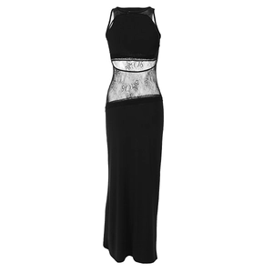 Detail of waist lace hollow design and sheer paneling on the black maxi dress