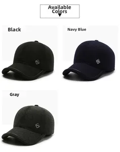 Detailed view of men's winter wool baseball caps in black, navy, and grey colors