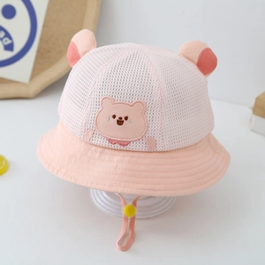 Detailed view of pink baby sun hat with breathable mesh and cute bear embroidery