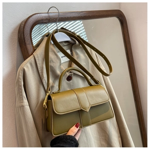 Olive green PU leather crossbody bag with top handle and gold hardware detail