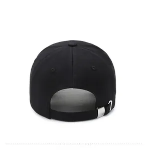 Rear view of black baseball cap with adjustable silver metal buckle and cotton canvas texture
