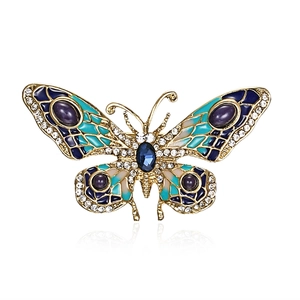 Blue and cyan enamel butterfly brooch with white crystals and golden base finish