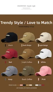 Macro detail of nine-color baseball caps featuring frayed brims and letter embroidery