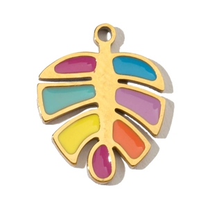 Macro shot of colorful enamel leaf charms with golden stainless steel frames for jewelry