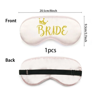 Pink silk Bride eye mask with crown detail and dimensions showing back adjustable strap