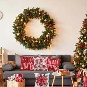 Christmas pillow covers with red floral print and Hello Winter text for home sofa decor