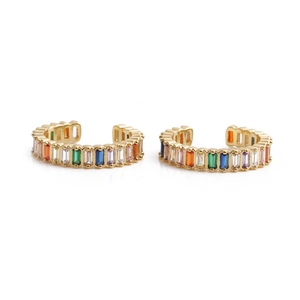 Gold-plated ear cuffs featuring colorful rectangular zircon stones in a rainbow pattern