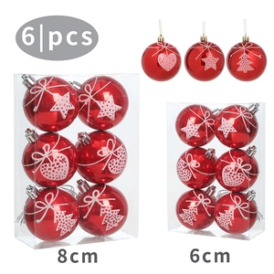 6pcs red Christmas ball ornaments with white heart and star patterns in display box
