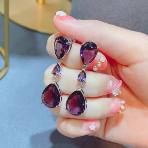 Three-tier teardrop purple moissanite drop earrings in white gold plated setting