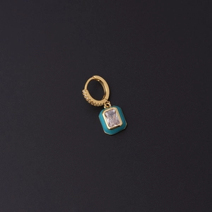 Golden earrings with teal enamel rectangle pendant and clear zircon stone accents