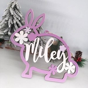 Handcrafted purple wooden Easter bunny hanging ornament personalized with name Miley