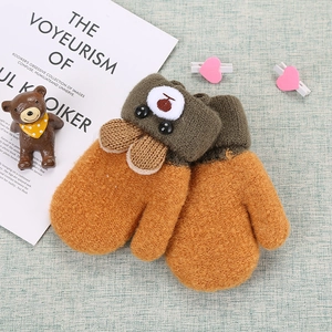 Cute cartoon bear knitted winter gloves for toddlers aged 0-3 in brown and khaki