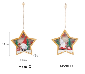 Detail of wooden light-up star ornaments with Santa patterns for Christmas tree