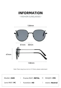 Detailed sizing chart and technical specifications for retro metal frame sunglasses