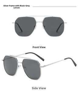 Detail of silver aviator sunglasses with polarized grey lenses and double bridge design
