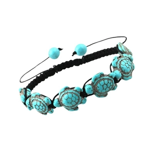 Bohemian turtle bracelet with turquoise synthetic stones and adjustable black woven cord
