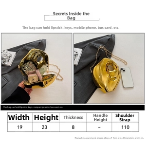 Detailed size guide for gold acrylic clutch bag with measurements and internal capacity
