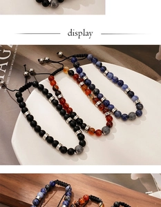 Three variants of adjustable 8mm beaded bracelets with matte black and blue marble stones