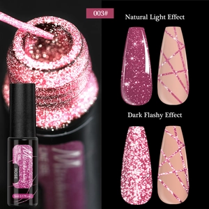 Macro shot of rose pink reflective glitter nail gel with high density line art effect
