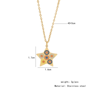 Detail view of colorful enamel star pendant necklace in gold stainless steel with dimensions