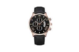 Detail of Geneva business men's watch featuring a black dial and date calendar display