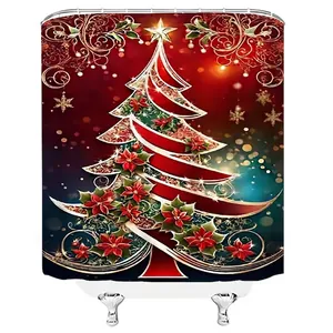 3D Christmas shower curtain with red floral tree pattern and metal hooks for bathroom