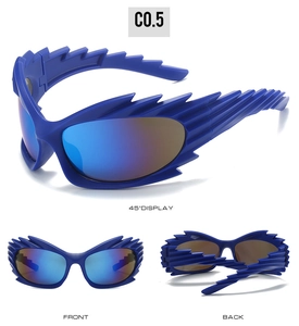 Deep blue sporty sunglasses with jagged wing frame shown in 45 degree front and back views