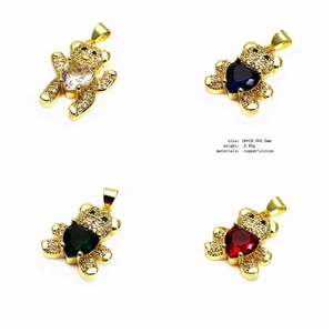 Detailed view of copper bear charms with colorful heart zircons and size specifications