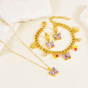 Stainless Steel Butterfly Jewelry Set Purple Rhinestone Necklace Bracelet Earrings Fashion Jewelry For Women Birthday Gift