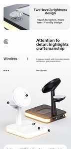 Detail of 3-in-1 magnetic wireless charger base featuring 2-level touch light control