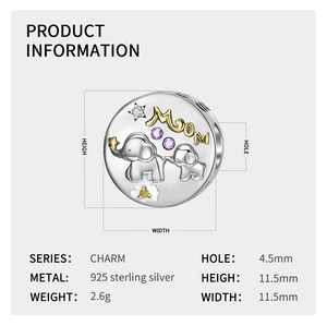 Details zum 925er Silber Elefanten Charm MOM mit lila Zirkonia und genauen Abmessungen