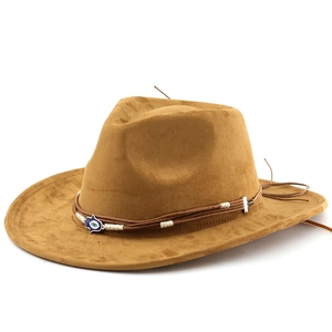 Bohemian suede western cowboy hat with Hamsa pendant and woven rope decoration