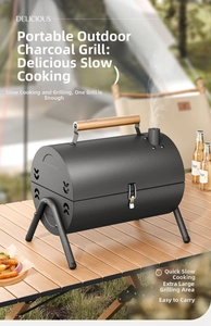 Portable black portable charcoal grill with wooden handle on an outdoor camping table