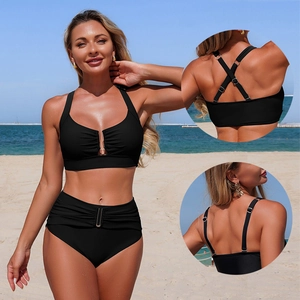 Women's black two-piece bikini featuring high-waisted bottoms and adjustable straps