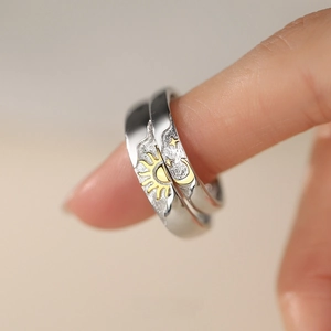 S925 sterling silver sun and moon couple rings with gold accents for a minimalist look