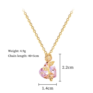 Detailed dimensions of pink crystal heart and rose pendant necklace in gold finish