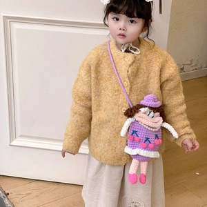 Cute purple crochet doll crossbody bag for kids with cherry decor and pearl necklace