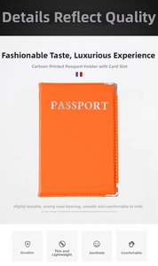 Detail of orange lychee grain PU leather passport holder with white lettering and card slots