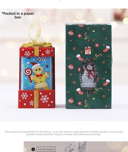 Christmas gift box packaging detail with gingerbread man and snowman festive patterns