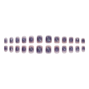 24-piece purple gradient press-on nails with silver glitter and cat-eye finish on white background