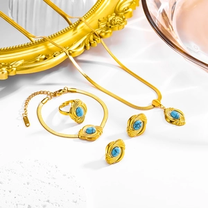 Vintage Bohemian Jewelry 18K Gold Plated Stainless Steel Turquoise Necklace Bracelet Earrings Ring For Women