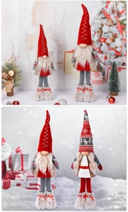 Standing Christmas gnome plush with red hat and white beard in festive indoor and snow scenes